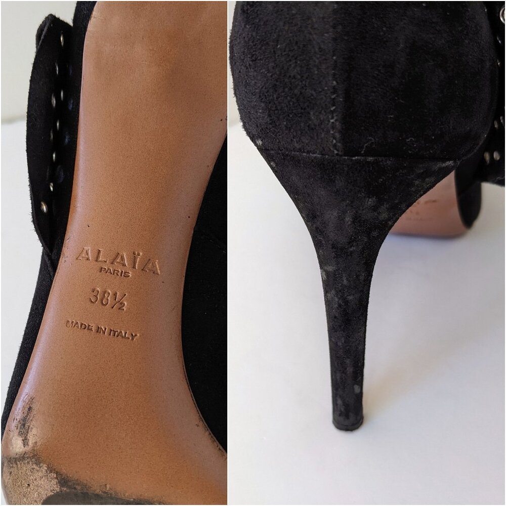 Alaïa Black Suede Grommet Embellished Ruffled Ankle Boots | Size 38.5 - Picture 10 of 16
